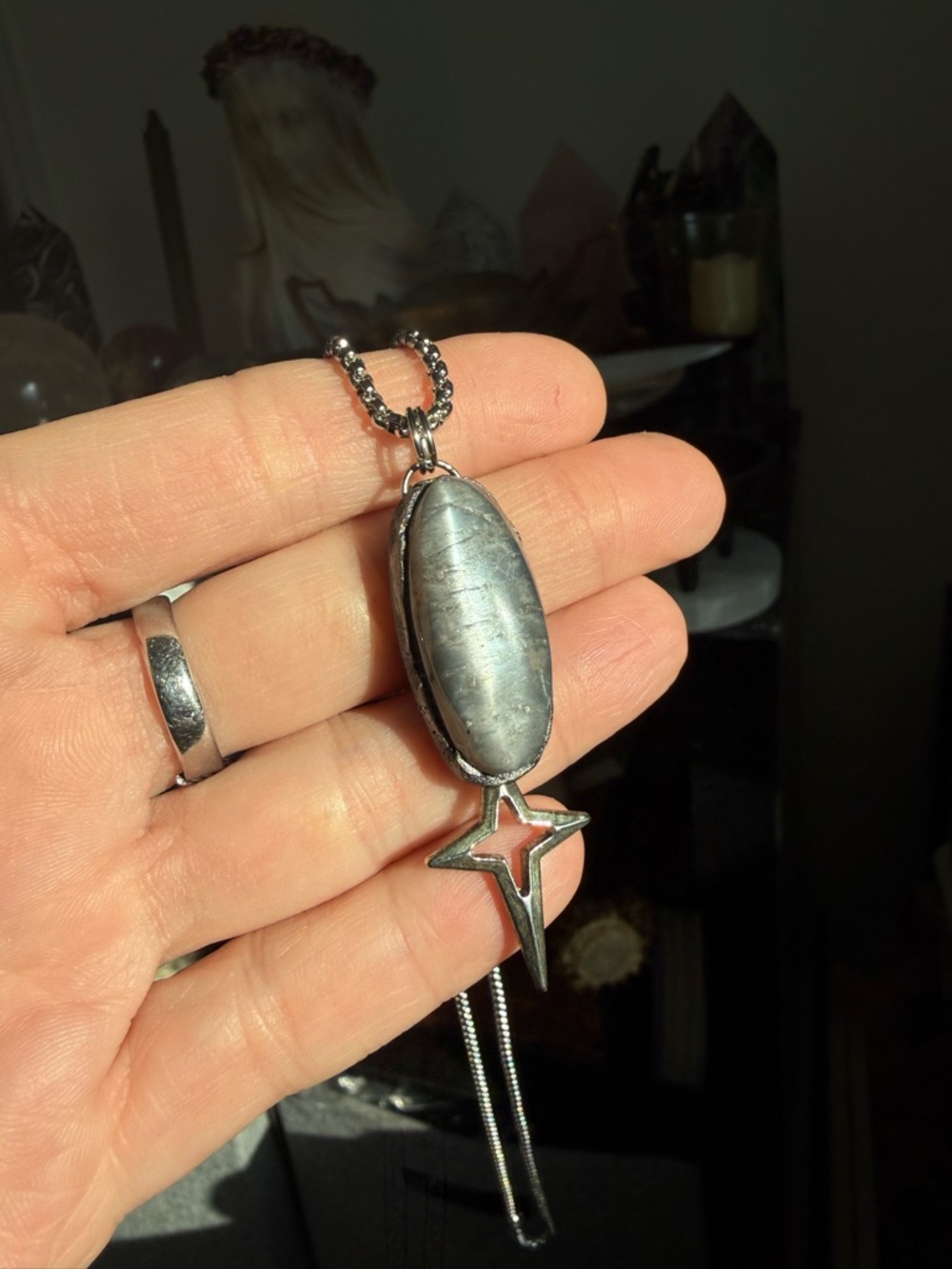 Belomorite moonstone crystal pendant necklace with star layering necklace boho - Picture 3 of 8